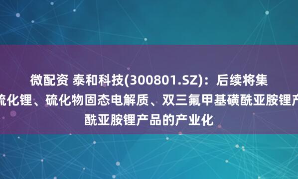 微配资 泰和科技(300801.SZ)：后续将集中精力推进硫化锂、硫化物固态电解质、双三氟甲基磺酰亚胺锂产品的产业化